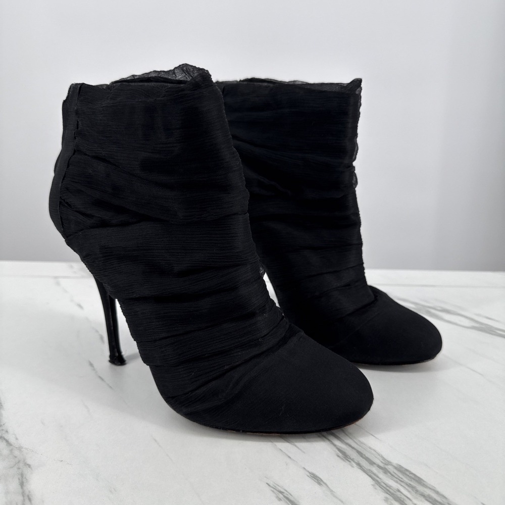 Elizabeth and James Women's Black Chiffon Leather Stiletto Ankle Booties Sz 10B